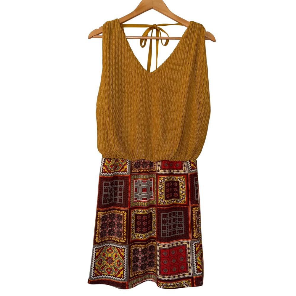 Judith March Mustard Crochet Patchwork Print Mini Dress Womens Large 644D-2